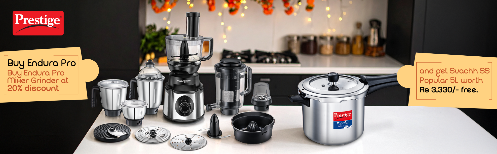 Buy Endura Pro Mixer Grinder at 20% discount and get Svachh SS Popular 5L worth Rs 3,330/- free.