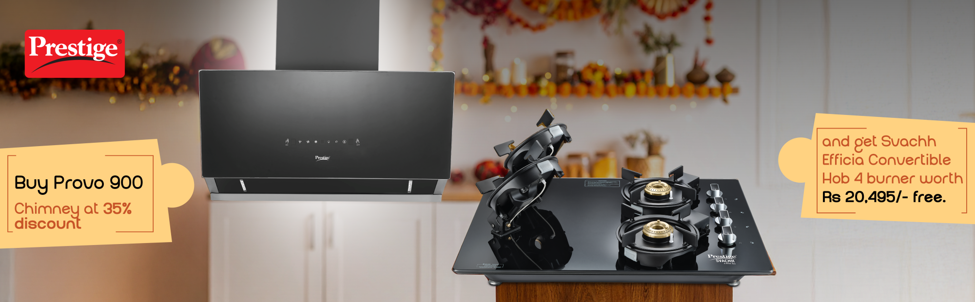 Buy Provo 900 Chimney at 35% discount and get Svachh Efficia Convertible Hob 4 burner worth Rs 20,495/- free.