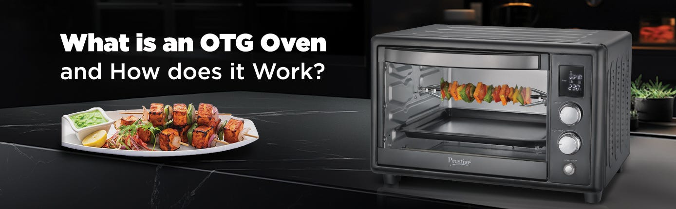 Prestige OTG oven grilling vegetables and meats, with grilled food on a plate beside it, showcasing modern kitchen use.